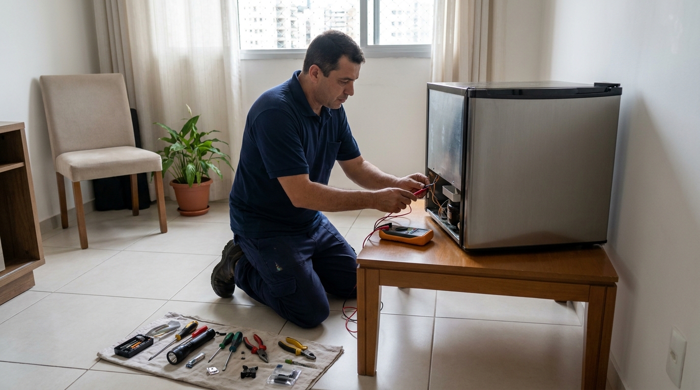 Técnico realizando manutenção de motor de frigobar em Zona Sul‑SP