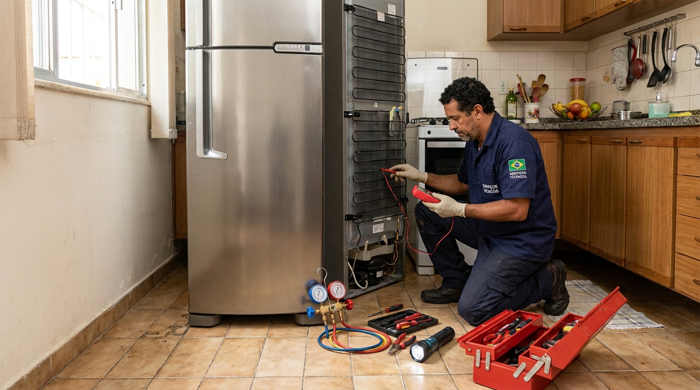 Técnico realizando manutenção de motor de geladeira em Zona Sul‑SP