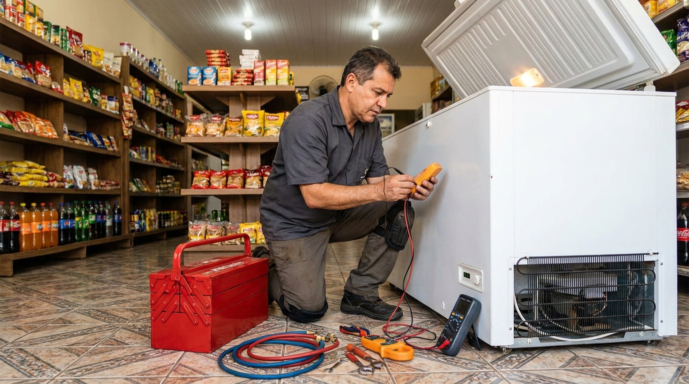 Recarga de gás refrigerante em freezer em atendimento em Zona Sul‑SP