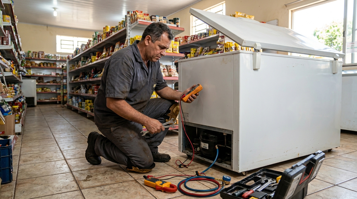 Troca de termostato de freezer em atendimento técnico em Zona Sul‑SP
